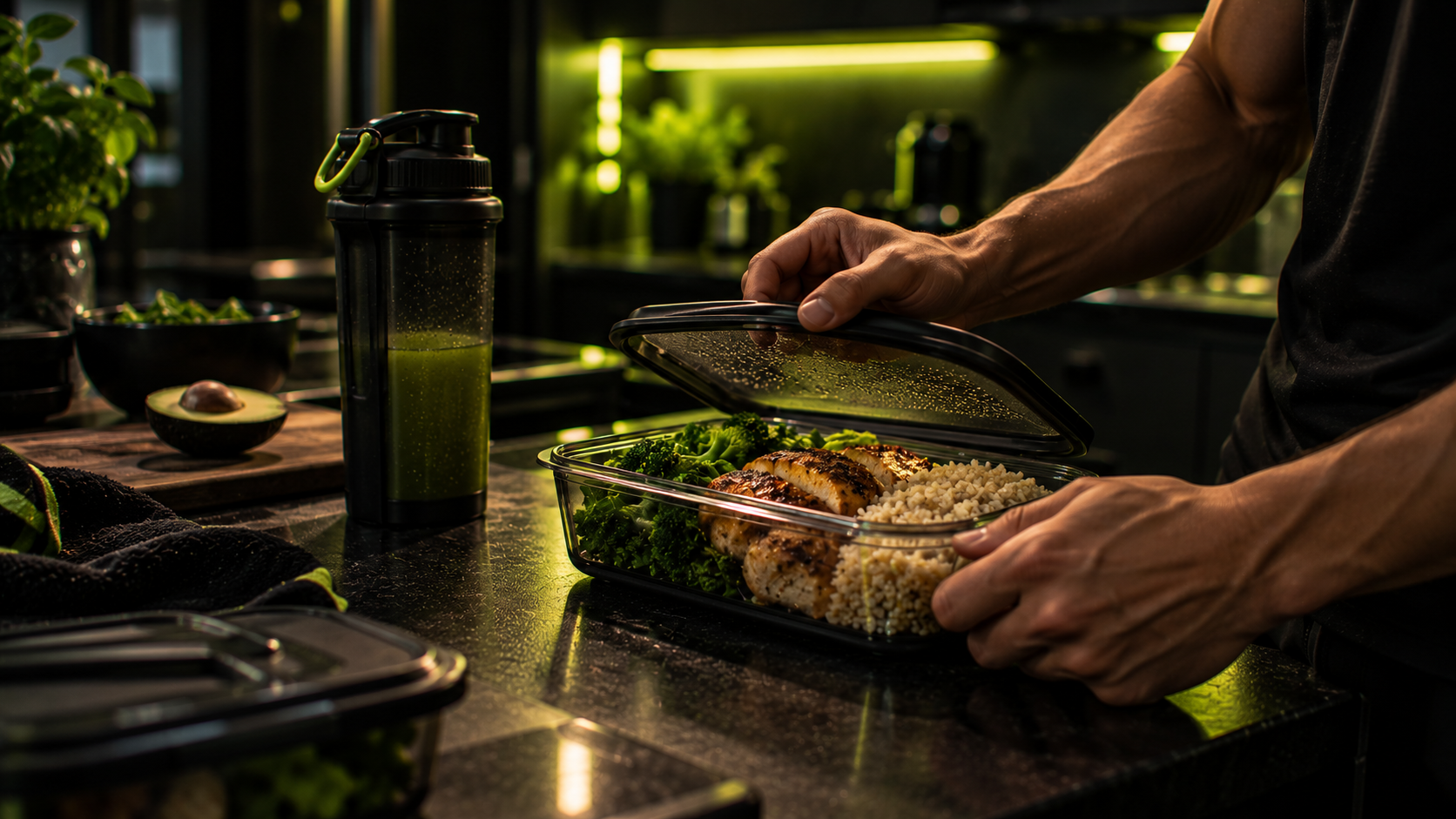 Opening a meal prep container next to a shaker bottle