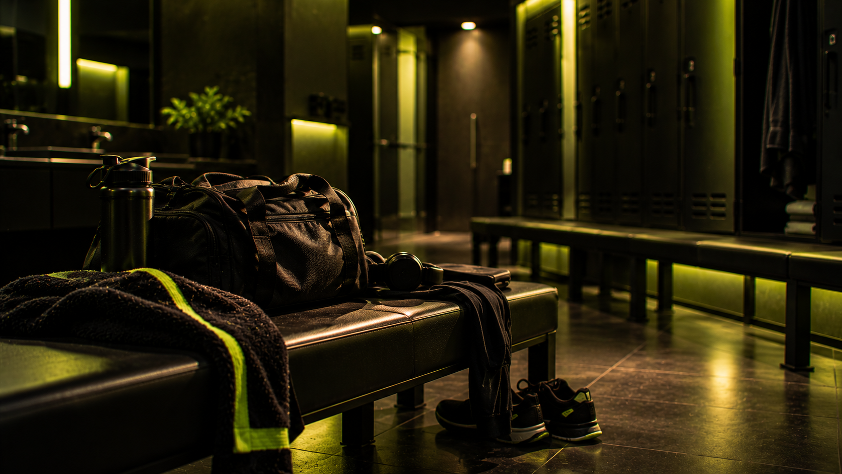 A half-packed gym bag on an empty locker room bench