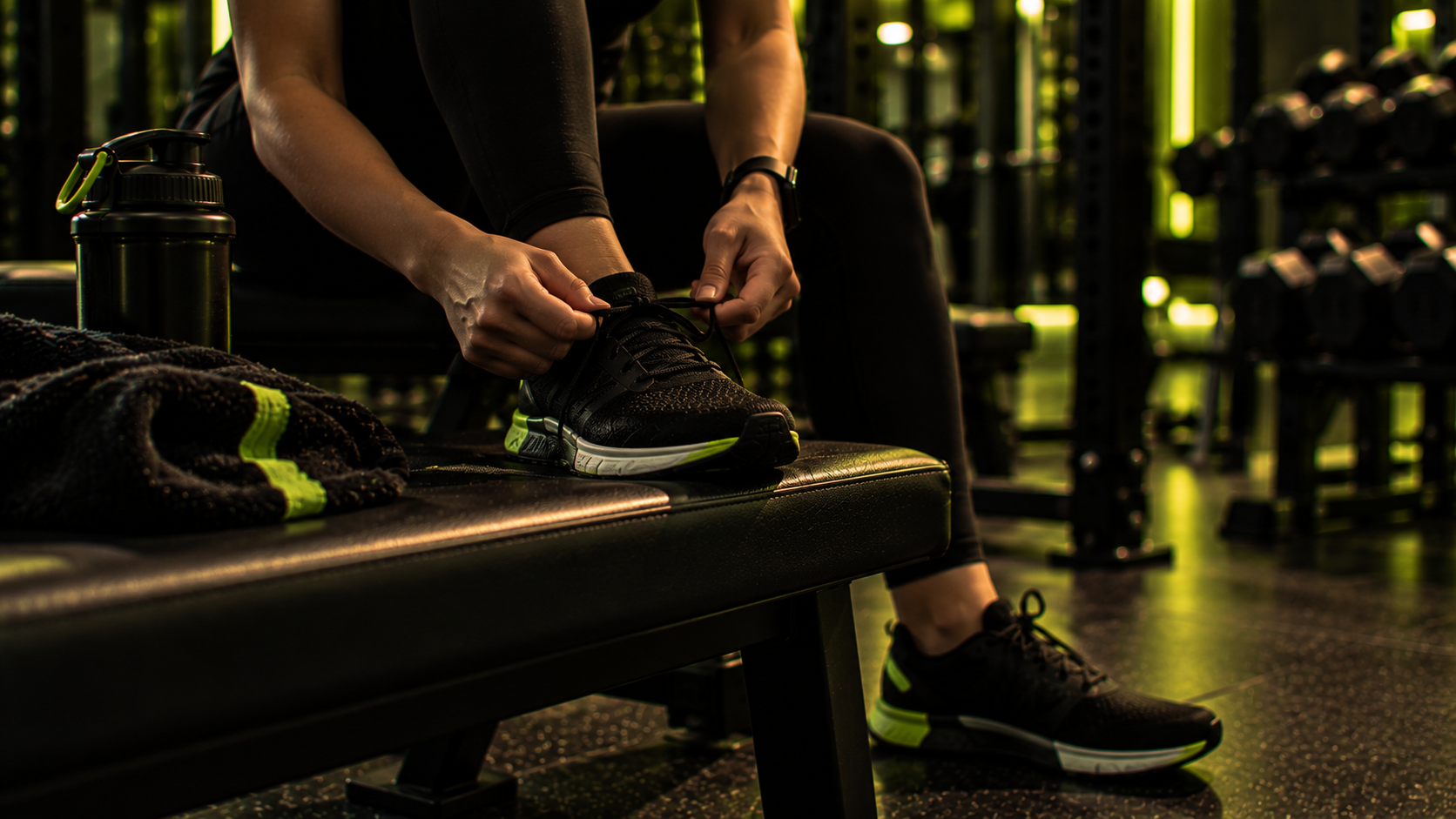A beginner lacing training shoes before a first workout