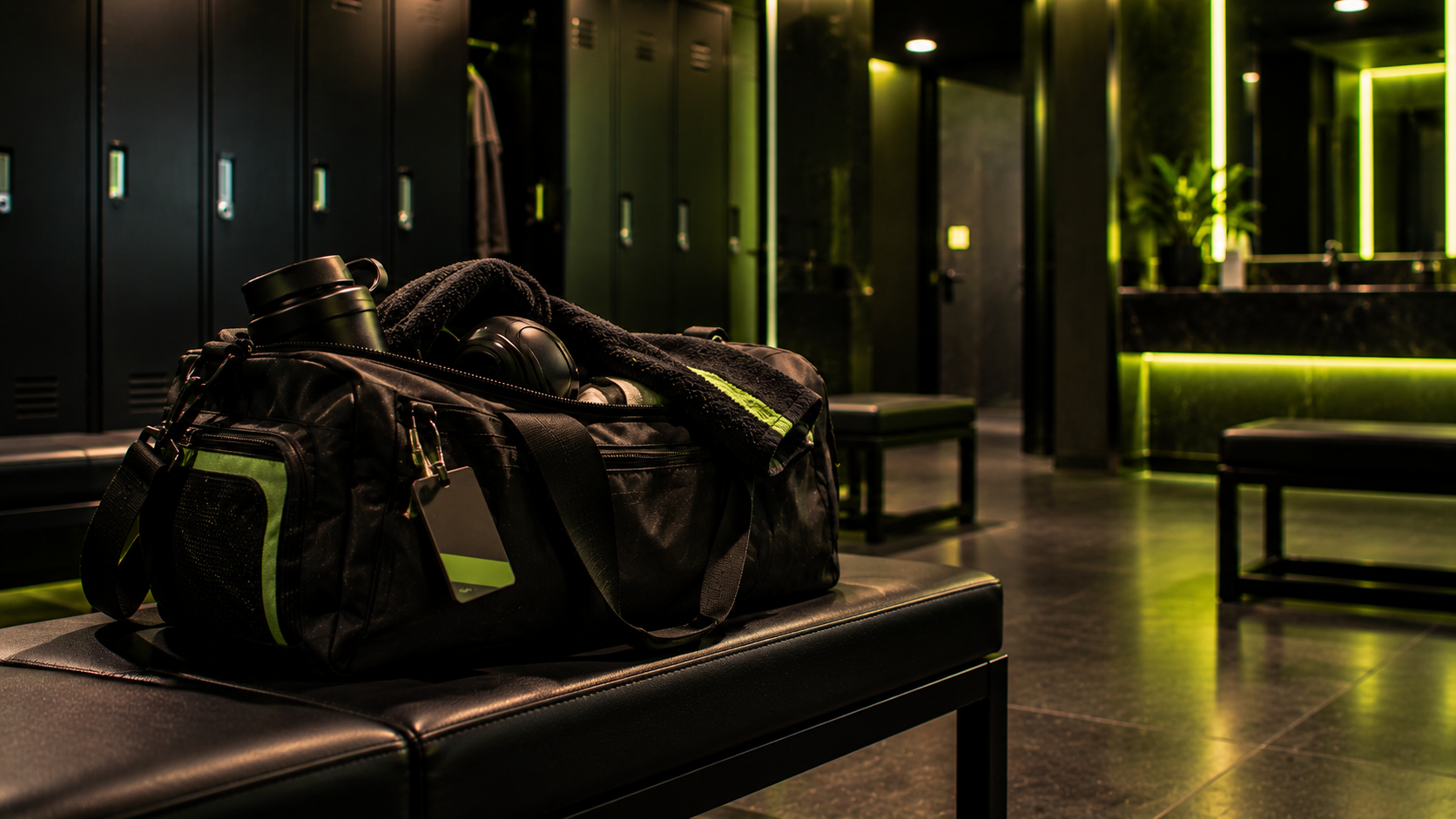 A packed gym bag with a membership tag in an empty locker room