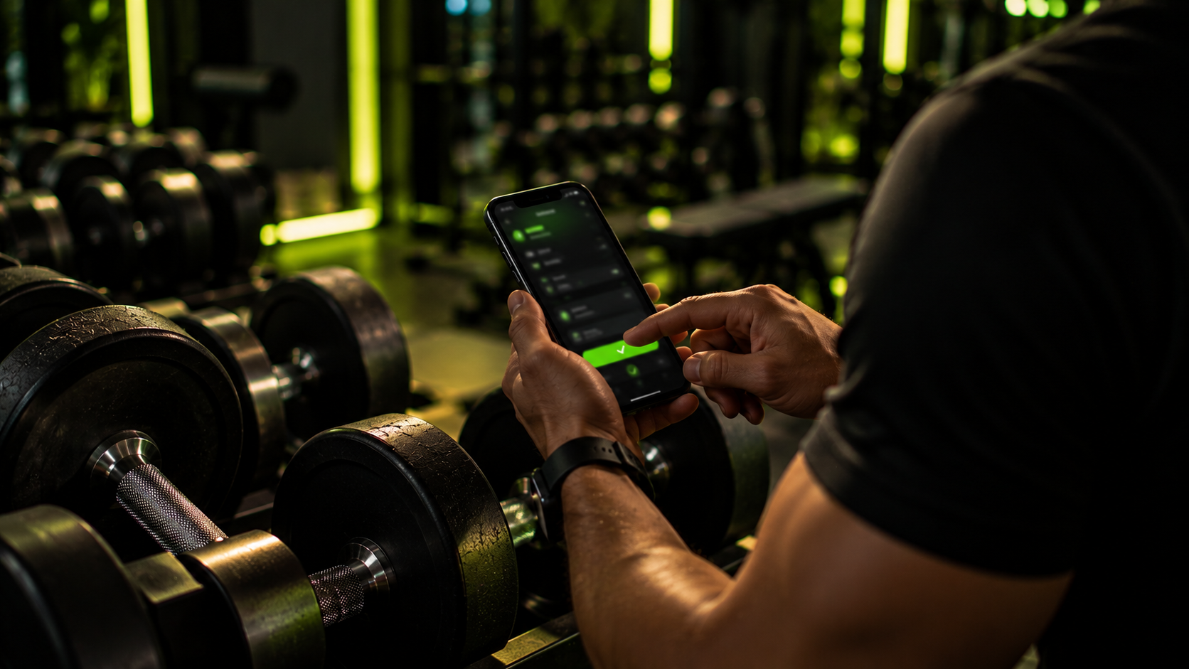 Logging a finished set on a phone beside a dumbbell rack