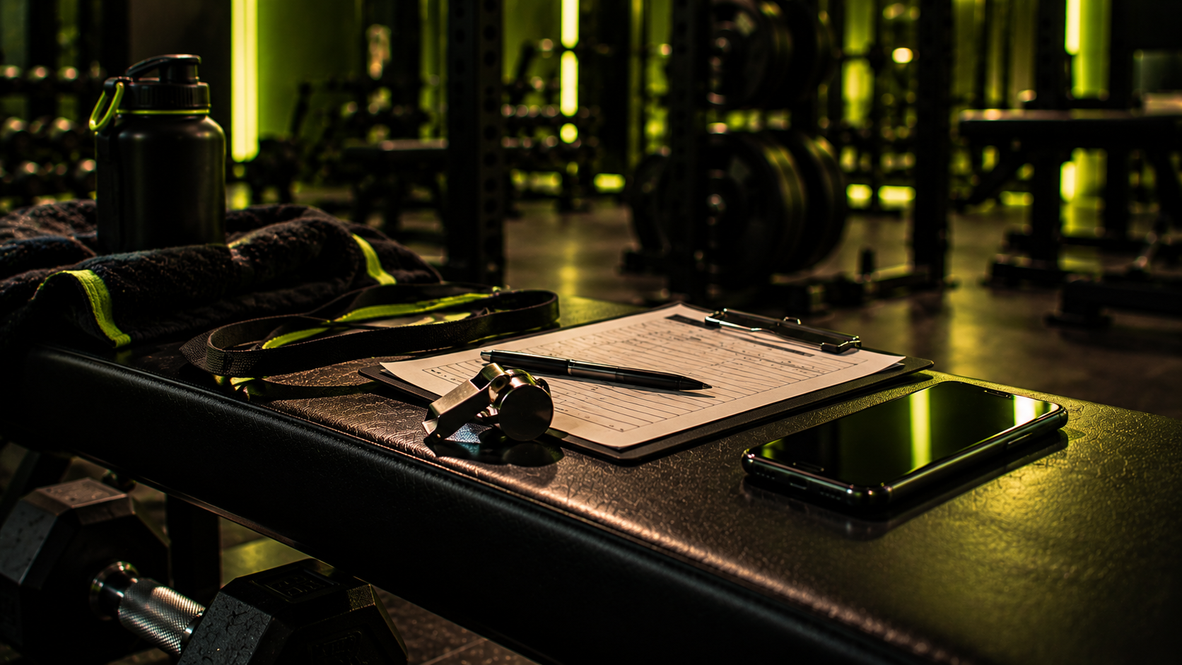 A trainer's clipboard and phone on a gym bench