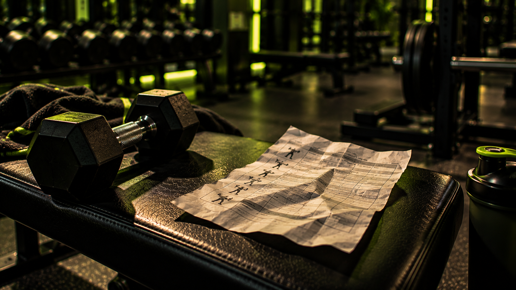 A crumpled generic workout plan left on a gym bench