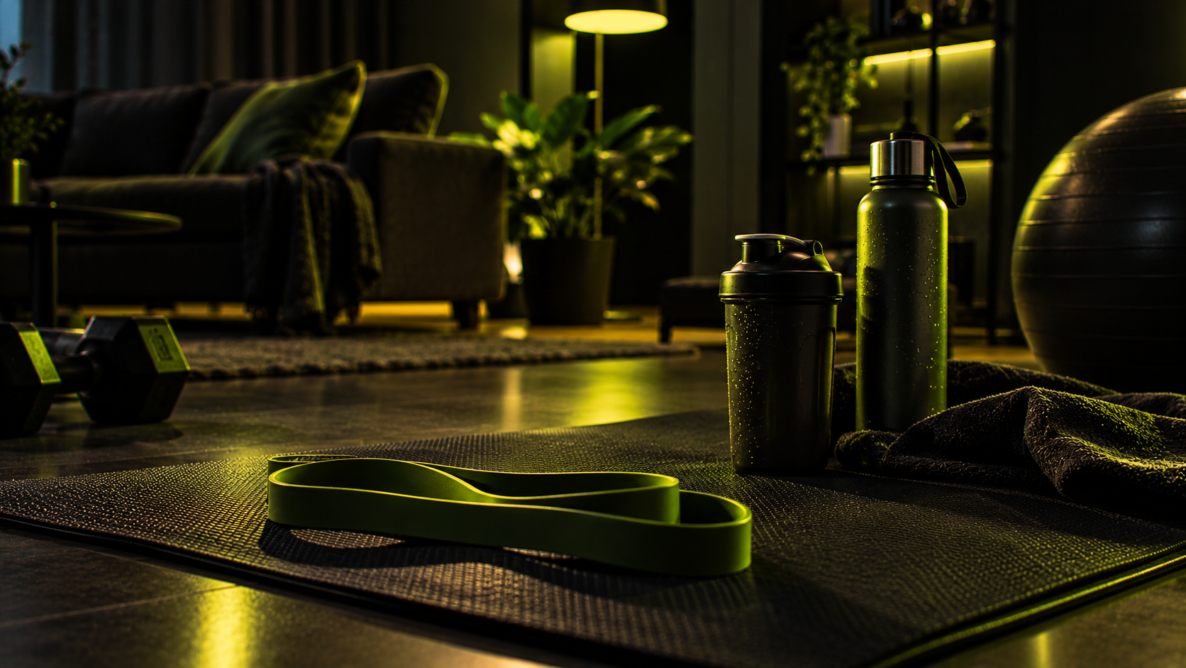 A resistance band and water bottles ready for a home workout